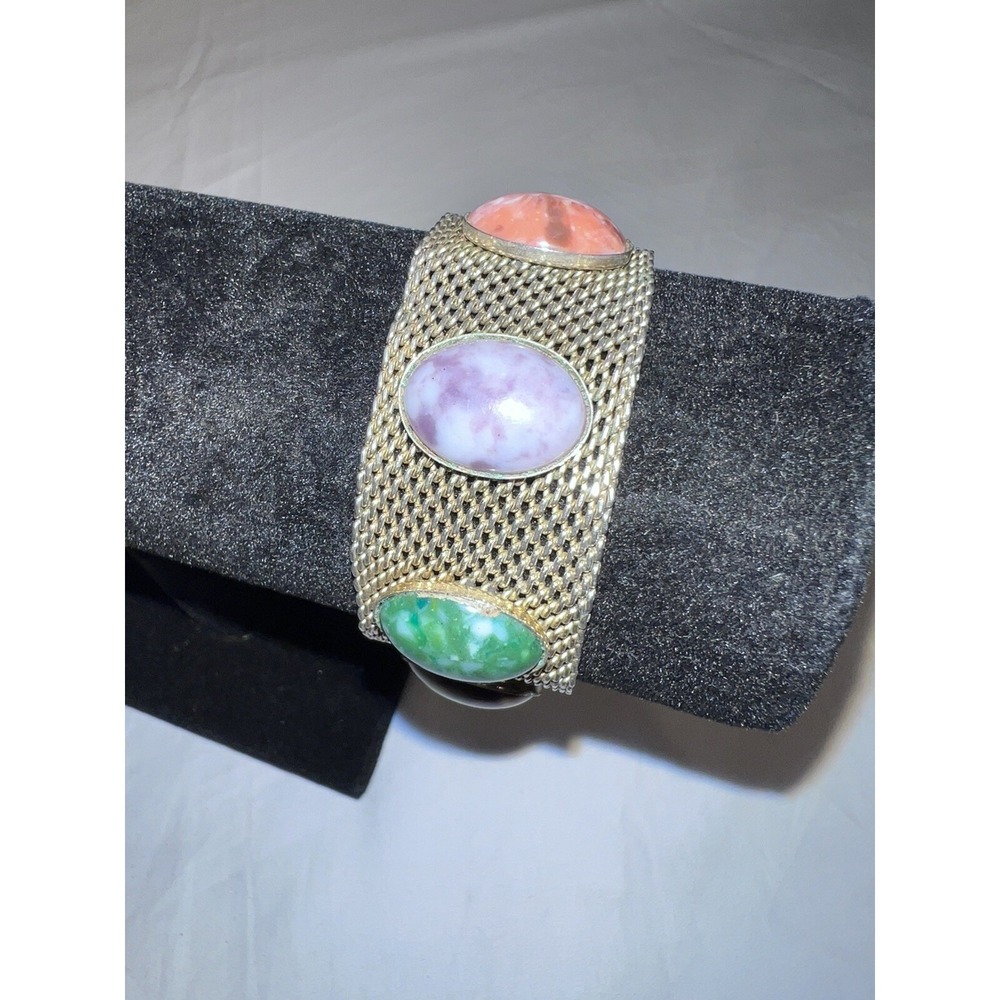 Vintage Sarah Coventry Multi Color Cabochon Mesh Bracelet Silver Tone 7.5 Inch
